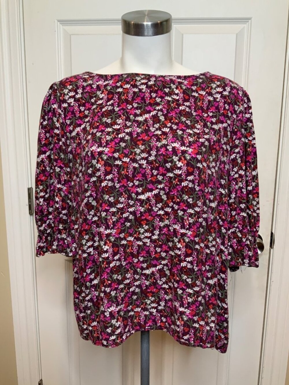 Draper James RSVP Purple & White Floral Print Boho Short Sleeve Shirt, Size XL